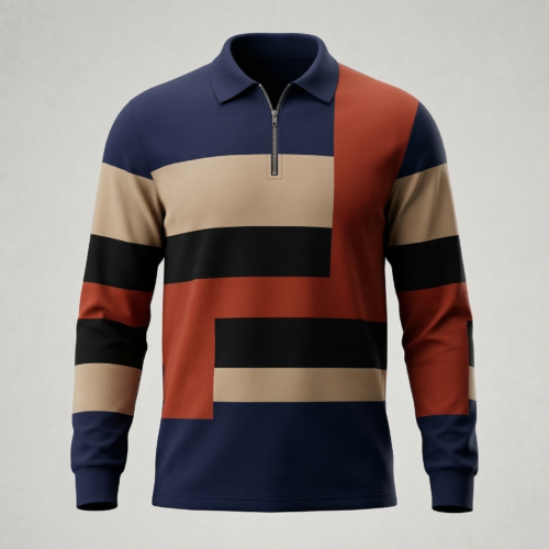Men’s Geometric Colorblock Zipper Polo – Long Sleeve Casual Streetwear