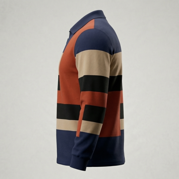 Men’s Geometric Colorblock Zipper Polo – Long Sleeve Casual Streetwear